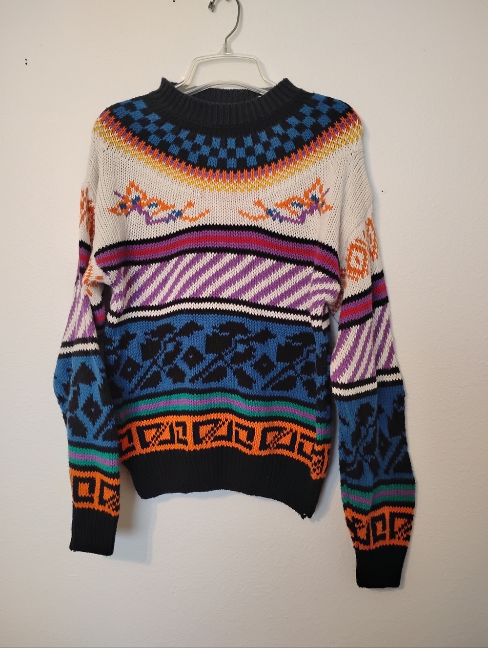Vintage Mixed Blues Abstract Colorful Multi Patterned Knit Sweater